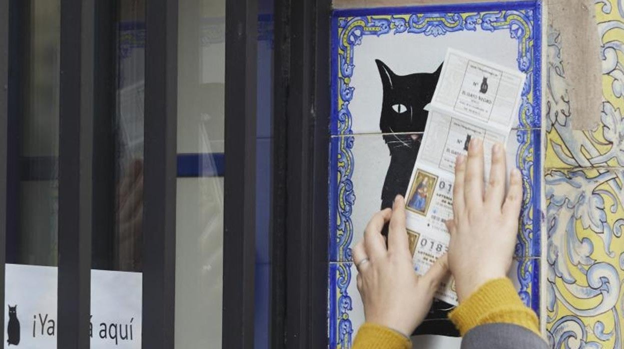 Una persona frota un billete de Lotería de Navidad por el azulejo de la Administración de Lotería el Gato Negro