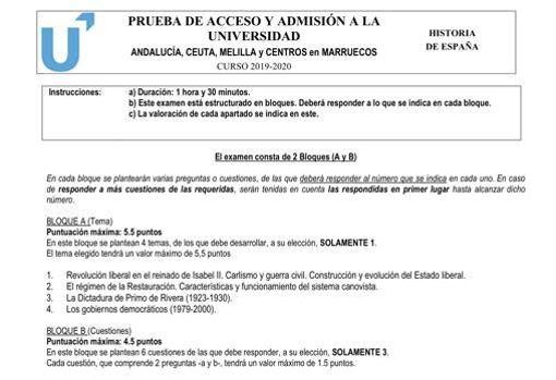 Epígrafe de un modelo de examen de Historia de España