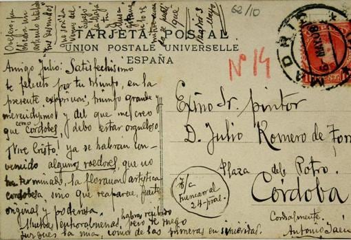 Postal de Antonio Jaén Morente a Julio Romero de Torres en 1908