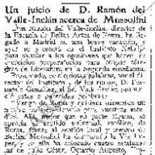 Artículo sobre la conferencia de Valle-Inclán al regresar de Roma en 1933