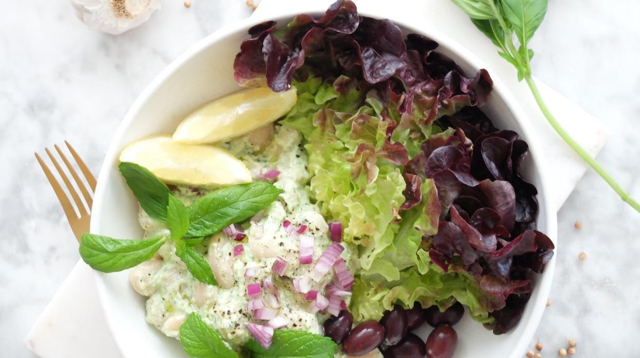 Ensalada fría de judiones con salsa de yogur.