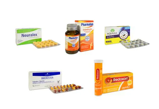 De izquierda a derecha y de arriba a abajo, Neuralex, Pharmaton Complex, Aquilea Sueño, Inmunoferon y Redoxon Vitamina C efervescente.