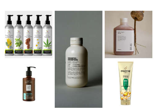 De izq. a dcha. champús de Armonia, Tanino, Le Labo, Midnight Cosmetics y sérum de Pantene.