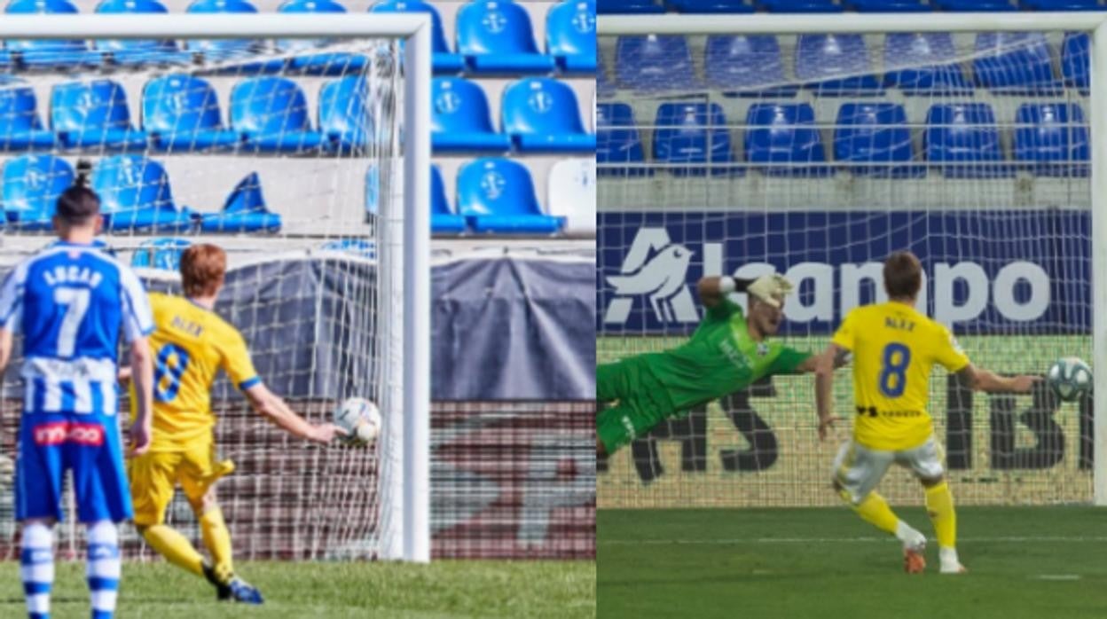 Álex en el penalti ante el Alavés (izquierda) y frente al Huesca (derecha)