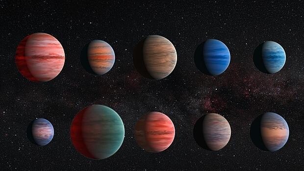 Estos son los diez "Júpiter calientes" analizados por los científicos. De izquierda a derecha: WASP-12b, WASP-6b, WASP-31b, WASP-39b, HD 189733b, HAT-P-12b, WASP-17b, WASP-19b, HAT-P-1b y HD 209458b
