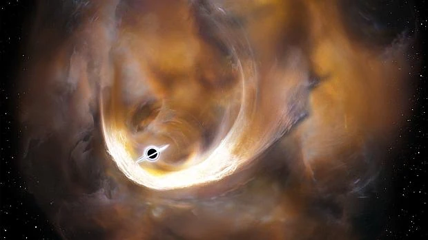 Impresión artística de las nubes dispersas por un agujero negro de masa intermedia.