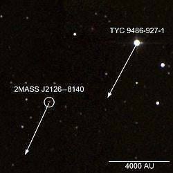 Imagen infrarroja de los dos objetos. Las flechas muestran el movimiento proyectado de la estrella y el planeta en el cielo durante más de 1000 años.