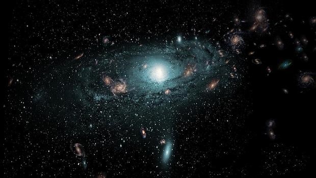 Recreación artística de las galaxias que se encuentran detrás de la Vía Láctea.