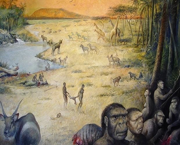 Recreación artística de un hábitat humano en África de hace 1,8 millones de años