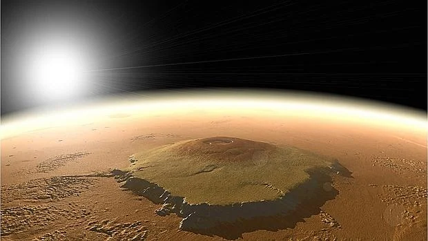 Recreación del Monte Olimpo en Marte. Las erupciones de este supervolcan pudieron cambiar el eje de rotación del planeta en el pasado