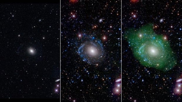 A simple vista (izquierda) UGC 1382 parece una simple galaxia elíptica. Pero un análisis más atento en el ultravioleta hace que aparezcan sus brazos espirales (centro). Si se añaden datos de hidrógeno de baja densidad (en verde, a la derecha), la galaxia revela su condición de gigante