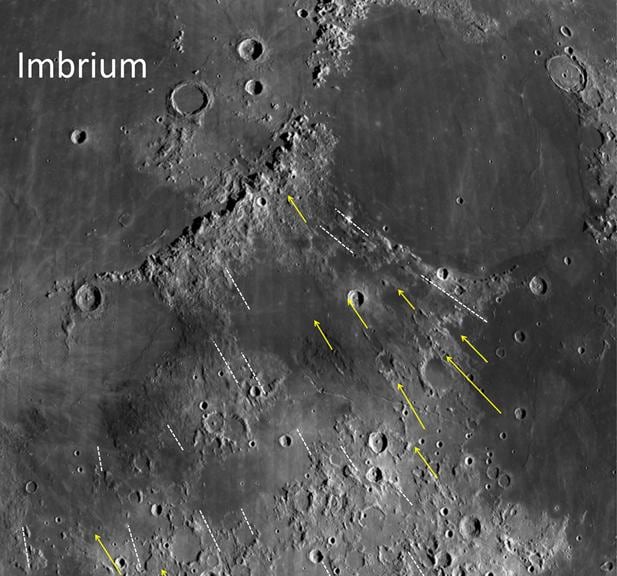Los surcos relacionados con el Mare Imbrium han ayudado a estimar el tamaño del objeto espacial que chocó contra la Luna y formó esa cuenca