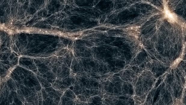 Red cósmica filamentosa producida en una simulación en la que se representa la distribución de la materia oscura en un Universo joven