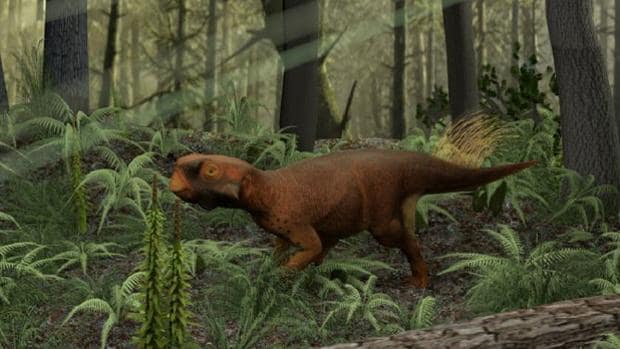 Reconstrucción del Psittacosaurio que vivía en bosques con vegetación densa