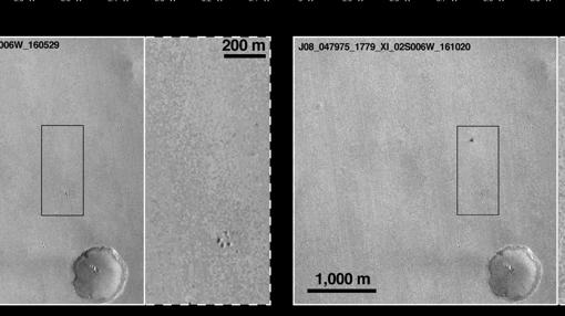 Fotografías facilitadas por la NASA en las que se observa el probable lugar de impacto de la sonda Schiaparelli (el punto negro dentro del reacuadro, a la derecha. A la izquierda se ven imágenes tomadas antes)