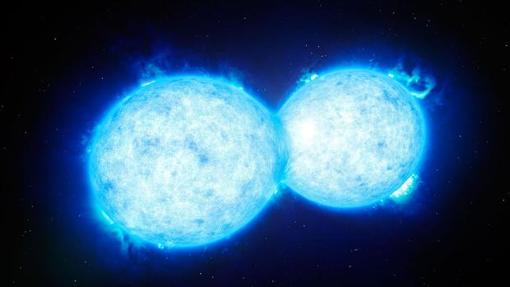 Representación de una estrella binaria de contacto. Se cree que la explosión de una así provocará la aparición de un nuevo punto de luz en el cielo nocturno