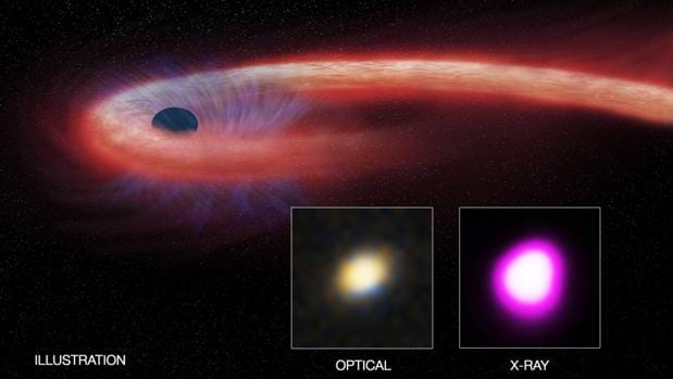 Representación del suceso, ocurrido hace 1.800 millones de años, cuando un agujero negro supermasivo desgarró una estrella