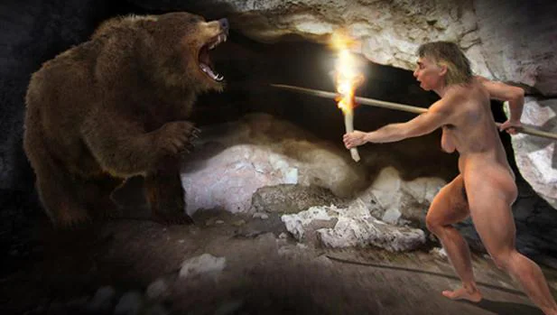 Recreación artística de una mujer neandertal y un oso