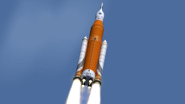 Recreación artística del cohete SLS y la cápsula Orión