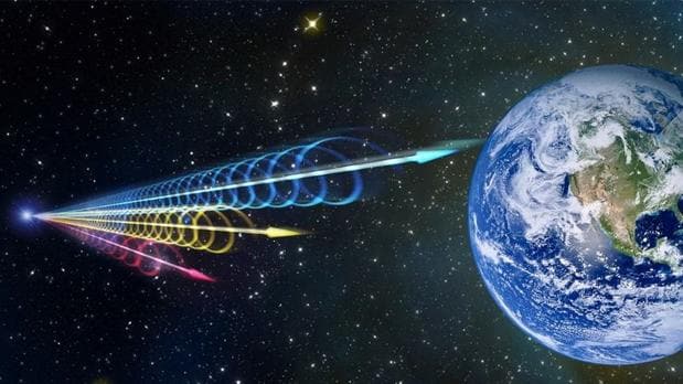 La ilustración muestra cómo destellos rápidos de radio (FRBs) alcanzan la Tierra