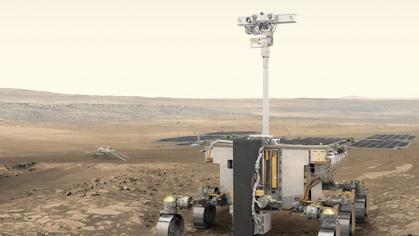 Robot de exploración ExoMars 2020 y plataforma rusa de superficie (al fondo)