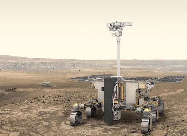 Robot de exploración ExoMars 2020 y plataforma rusa de superficie (al fondo)
