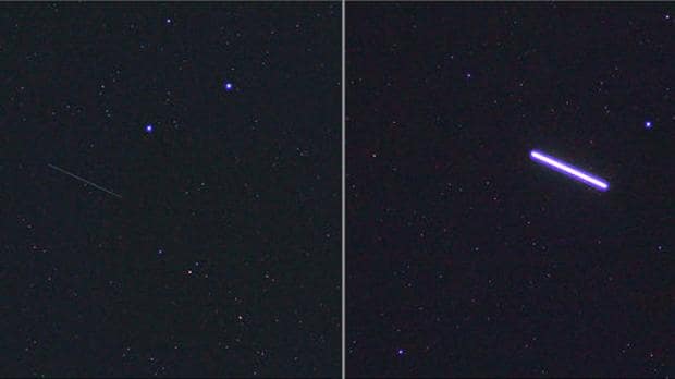 El escudo perdido aparece como una tenue línea delgada (izquierda) seguida, apenas un minuto después, por la ISS (una gruesa línea brillante en la imagen de la derecha)