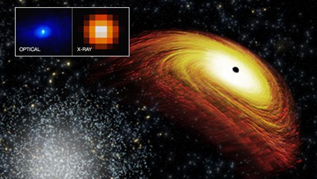 Representación de un agujero negro supermasivo (a la derecha) expulsado del centro de su galaxia