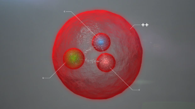 Recreación de la nueva partícula observada por LHCb, con dos quarks charm (encanto) y uno up (arriba)