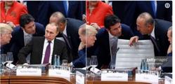 La foto falsa (izquierda) y la real, de Trump en el G20