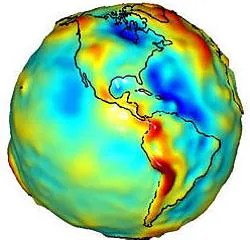 Mapa de gravedad en la Tierra. Las partes más azules tienen menos gravedad y las rojas más