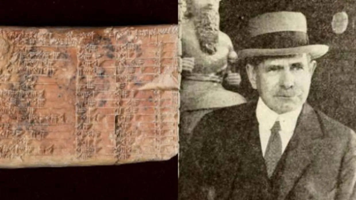 La tablilla, llamada Plimpton 322, a la izquierda, y a la derecha Edgar Banks, su descubridor y fuente de inspiración para el personaje de Indiana Jones