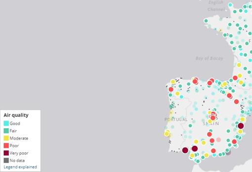 Índices de calidad del aire sobre España este miércoles 22 de noviembre