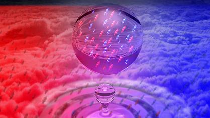 Vista artística de una gotita líquida cuántica formada mezclando dos gases de átomos de potasio ultrafríos