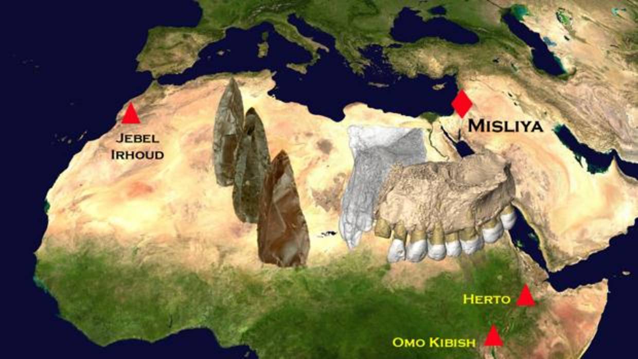 Localización de fósiles de los primeros humanos modernos en África y Oriente Medio