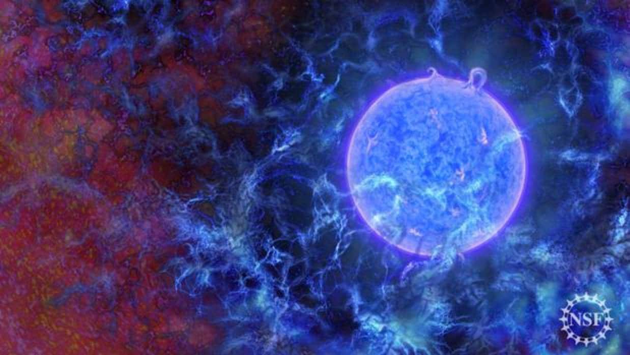 Las primeras estrellas azules masivas del universo incrustadas en filamentos gaseosos, con el fondo de microondas cósmico apenas visible en los bordes.