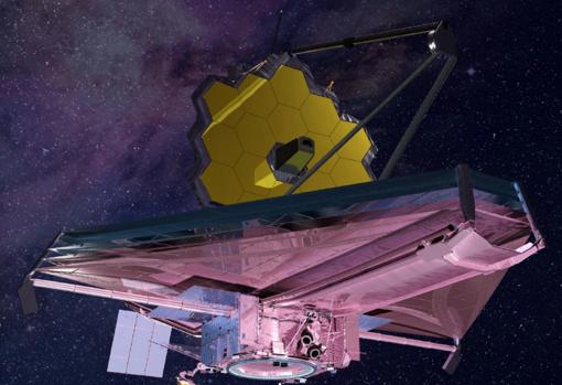 Representación del JWST, ya desplegado. El escudo rosa frena la radiación solar para que el telescopio, en amarillo, opere a temperaturas cercanas a los -220ºC