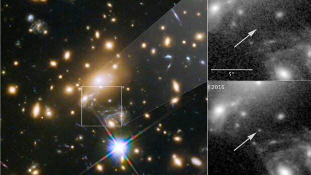 Icarus es la estrella individual más lejana jamás vista. Solo es visible porque está siendo ampliada por la gravedad de un cúmulo de galaxias masivo, ubicado a unos 5.000 millones de años luz de la Tierra (izquierda). Los paneles de la derecha muestran la vista en 2011, sin Icarus visible, en comparación con el brillo de la estrella en 2016