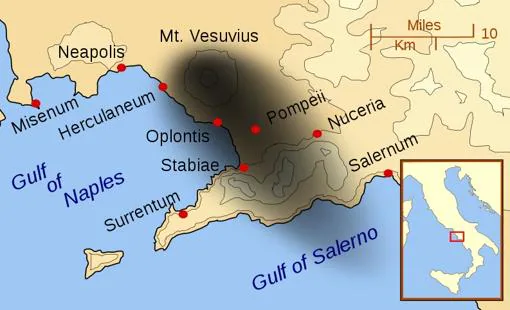 Ciudades afectadas por la erupción del Vesubio. En negro, el recorrido de la ceniza, movida por el viento