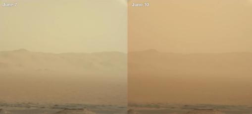 La atmósfera, captada por Curiosity los días 7 de junio (izq.) y 10 del mismo mes (der.)