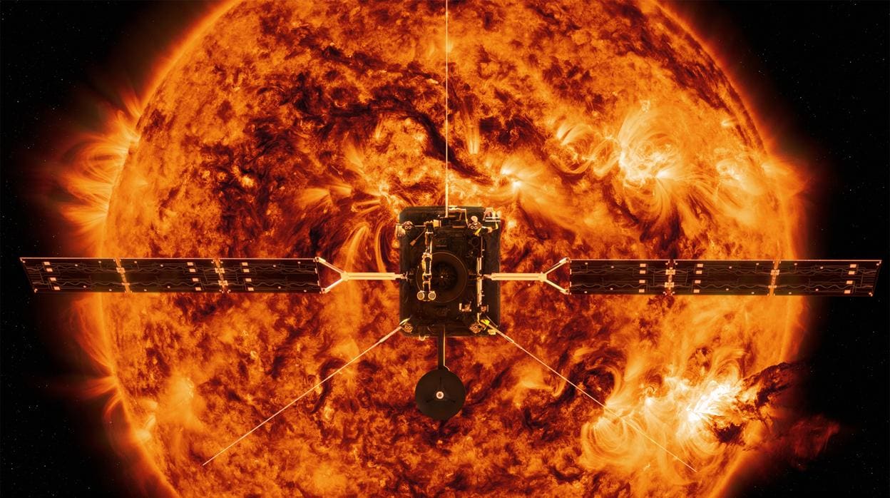 Impresión artística de Solar Orbiter frente a una tormenta solar