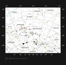 Este mapa muestra la constelación meridional de Centauro y destaca la mayoría de las estrellas que son visibles a simple vista en una noche despejada. La estrella enana PDS 70 está marcada con un círculo rojo.