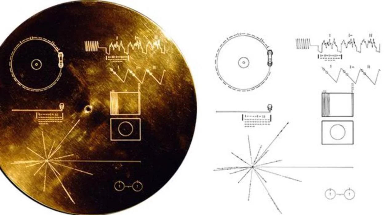 Portada del disco dorado de una de las sondas. Contiene instrucciones para reproducirlo y la posición del Sistema Solar (abajo, a la izquierda), en relación con 14 púlsares