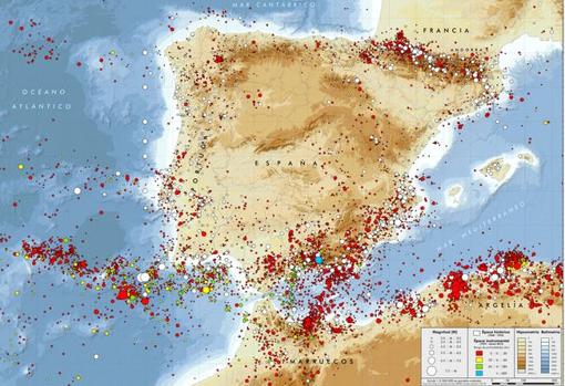 Mapa general de sismicidad de la Peninsula Iberica. La información sísmica proviene de la base de datos del Instituto Geográfico Nacional actualizada al año 2015