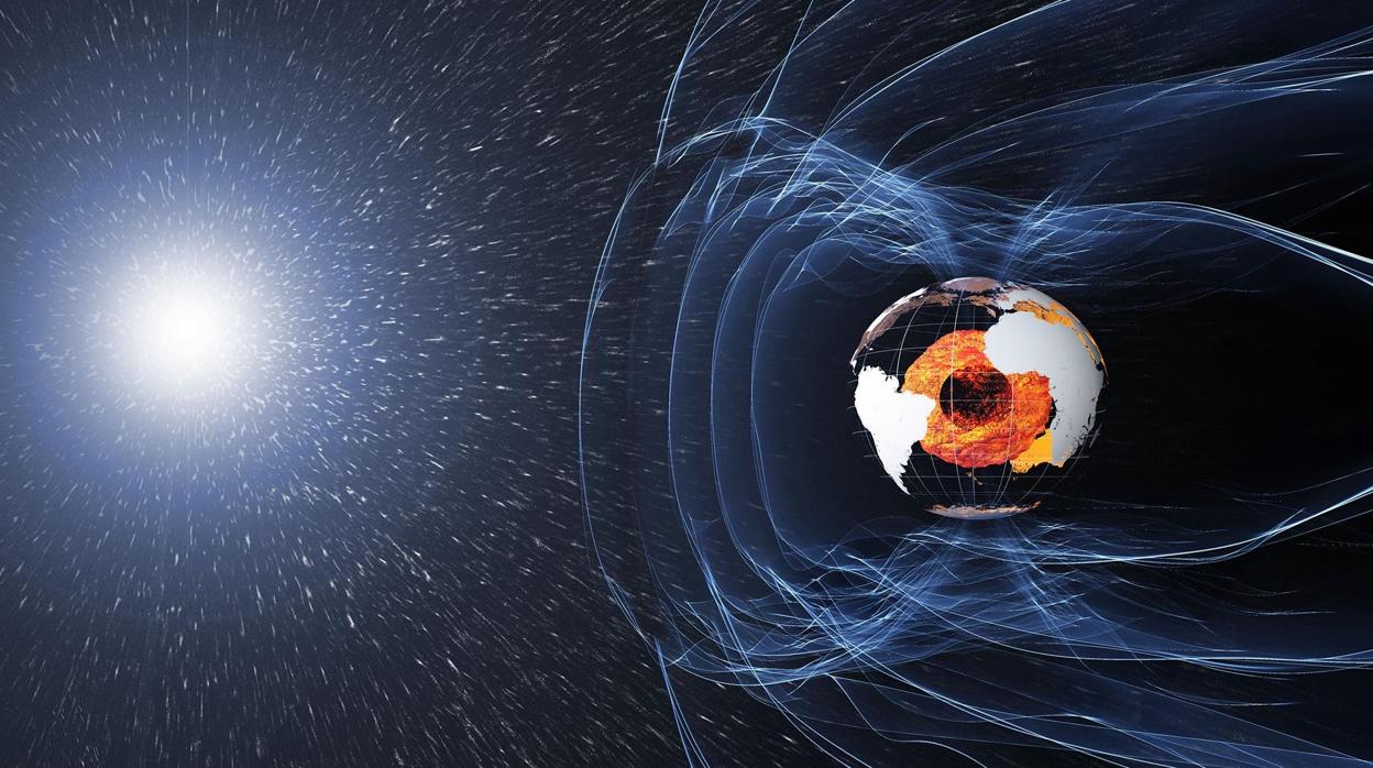 El campo magnético de la Tierra es generado por el núcleo (en naranja). Protege la atmósfera frente al viento solar y la superficie de los rayos cósmicos. En periodos geológicos se debilita y los polos se invierten
