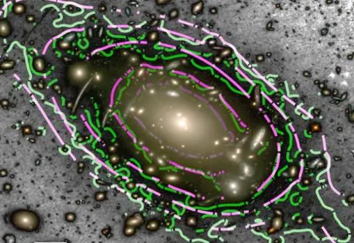 Imagen del cúmulo de galaxias Abell S1063 situado a unos 4000 millones de años luz de distancia de la Tierra. Sobrepuesto en la imagen pueden apreciarse los contornos de la distribución de la materia oscura (en violeta) y la distribución de la débil luz intracumular (en verde). Los contornos se distribuyen de forma similar
