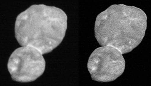 La imagen tomada por new Horizons muestra la primera imagen revelada al lado de la mostrada el jueves, con más resolución y en la que se intuyen más detalles de Ultima Thule