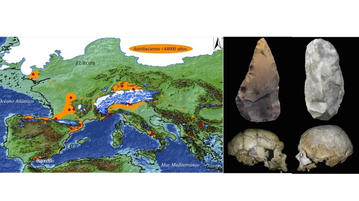 En naranja, lugares donde se han hallado restos de la cultura auriñaciense (derecha), de los cromagnones, que «sustituyeron» a los neandertales. Se pensaba que al sur de España estos últimos habían pervivido más tiempo