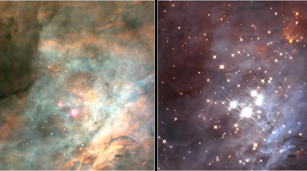 Cúmulo del Trapecio en el rango óptico (izquierda) y en el de infrarrojos (derecha). Los astrónomos han hecho dos simulaciones de este cúmulo para hacer las estimaciones de los mundos errantes