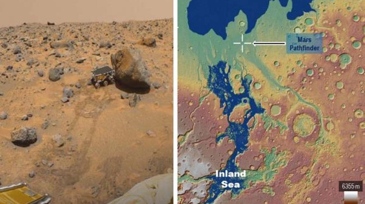Izquierda: vista del rover Sojourner desde el módulo de aterrizaje Pathfinder. Una gran proporción de las rocas podrían haber sido erosionadas por inundaciones de desbordamiento. Derecha: reconstrucción del mar interior hace 3.400 millones de años
